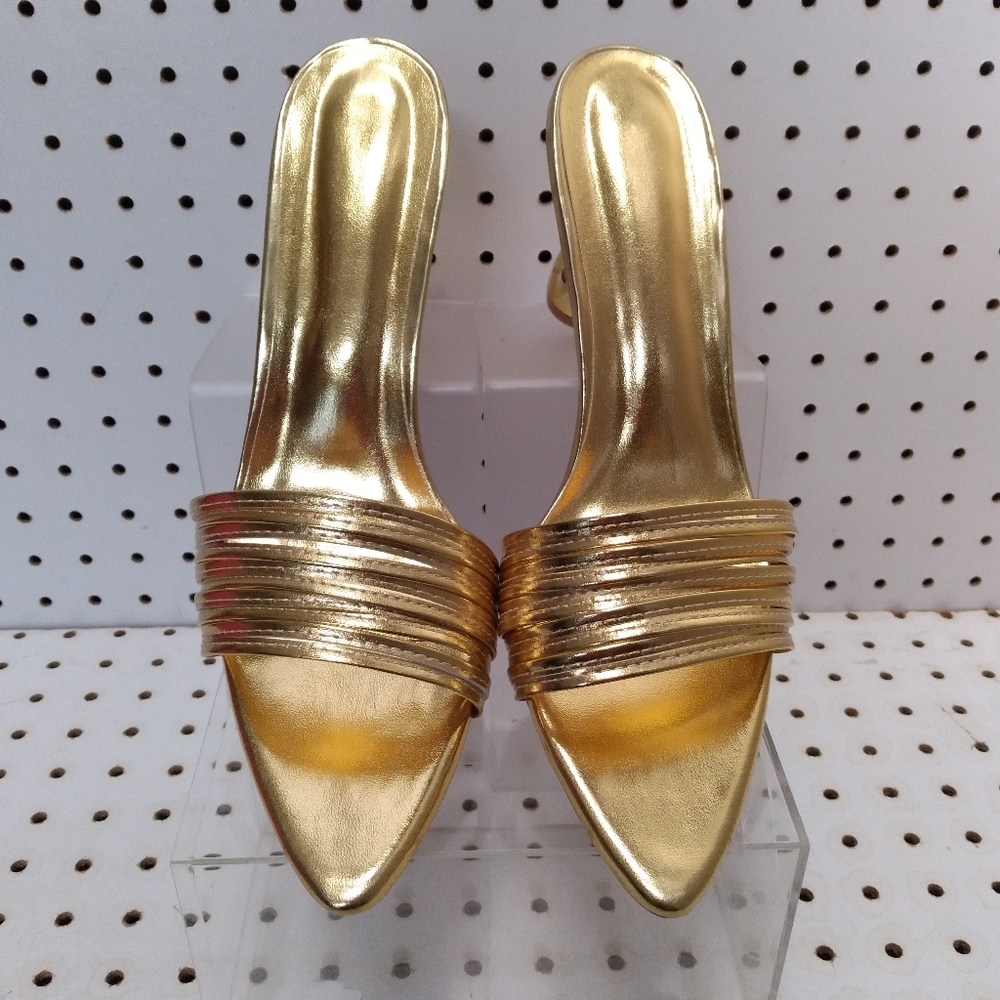 Gold Metallic Leather 3" Mid Heel Strappy Kitten-Heel Pump Peep-toe & Pointy-Toe - Picture 2 of 7